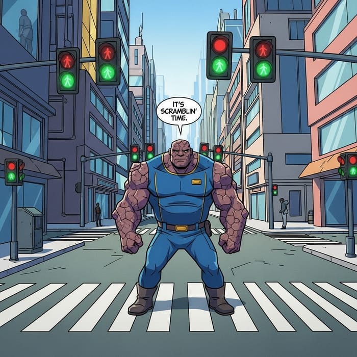 Fantastic Four's Ben Grimm in Action-Packed Cityscape Fantastic Four's Ben Grimm in Action-Packed Cityscape