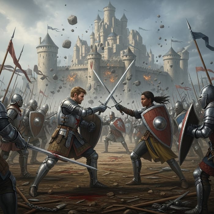 Epic Medieval Battle Scene: Knights Duel on Gory Battlefield Epic Medieval Battle Scene: Knights Duel on Gory Battlefield