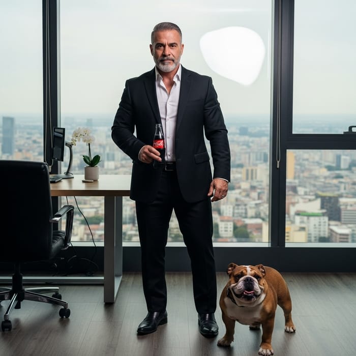 Muscular Man in Black with Coca-Cola Bottle and Bulldog