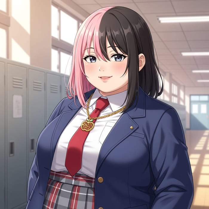 Anime-Style Plump Student Character with Black and Pink Hair