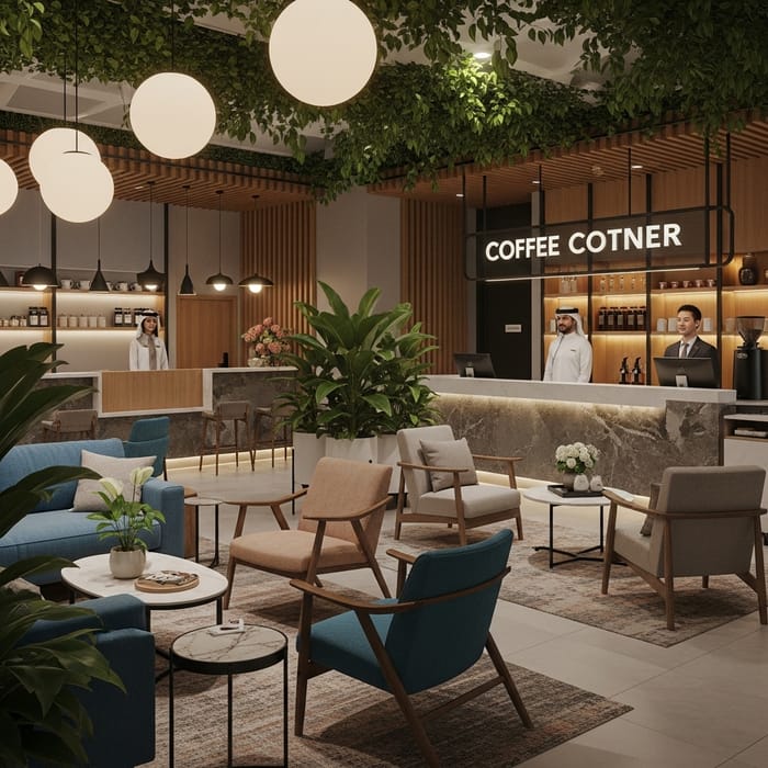 Modern Cozy Hotel Lifestyle: Plant-filled Reception & Coffee Corner Modern Cozy Hotel Lifestyle: Plant-filled Reception & Coffee Corner