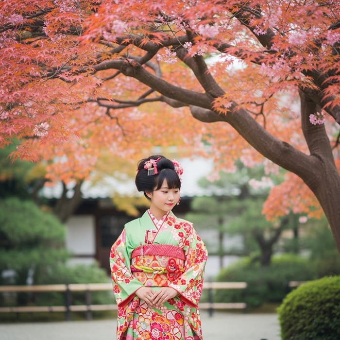 Japanese Girl in Colorful Kimono at Traditional Japanese Garden Japanese Girl in Colorful Kimono at Traditional Japanese Garden