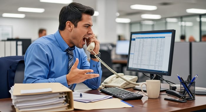 Frustrated Hispanic Professional Man Yelling at Desk Frustrated Hispanic Professional Man Yelling at Desk