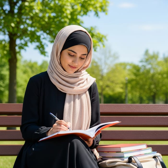 Beautiful Student Wearing Hijab Learning Outdoors