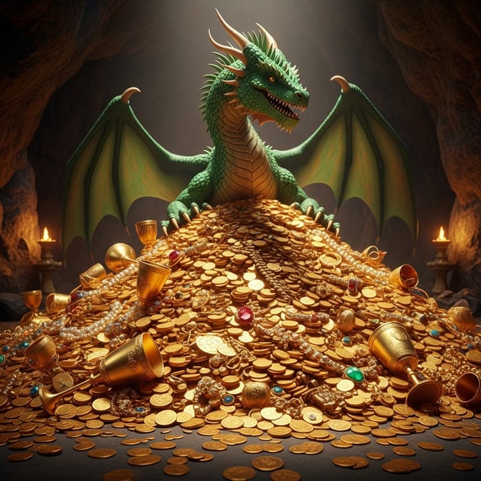 Shiny Green Dragon Protecting a Mountain of Gold in Cinematic Cave
