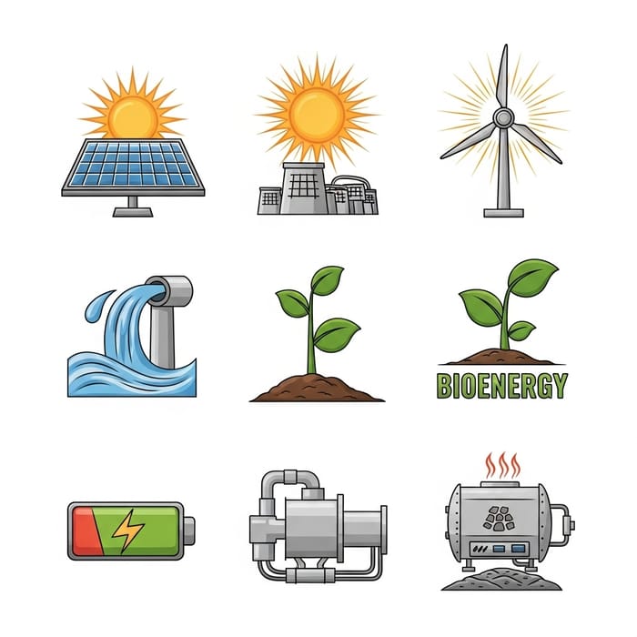 Renewable Energy Icons: Solar, Wind, Hydro & More