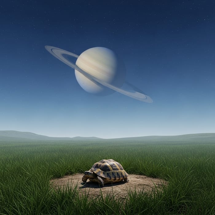 Serene Turtle in Grassy Landscape with Saturn View Serene Turtle in Grassy Landscape with Saturn View