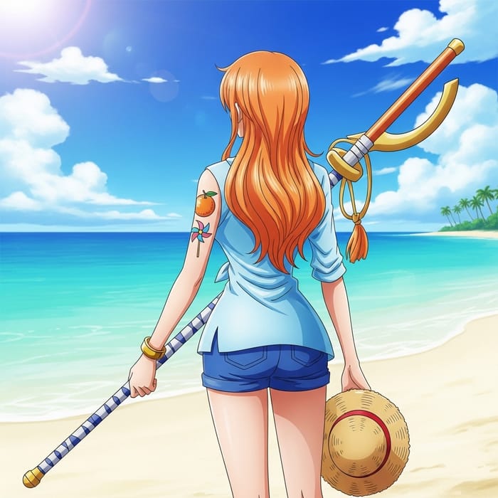 Nami One Piece Back View | Orange Hair Staff Tattoo Nami One Piece Back View | Orange Hair Staff Tattoo