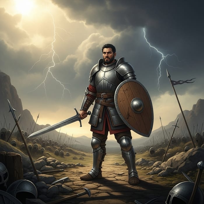 Armored Hispanic Warrior on Ancient Battleground with Broad Sword