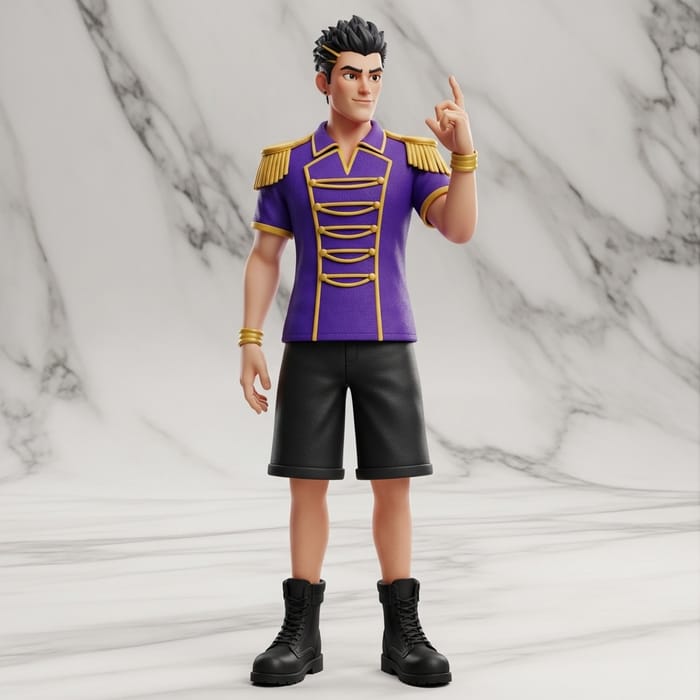 Luxury Soldier-Inspired Character | Stylish Purple V-Neck | Gold Choker | Black Shorts