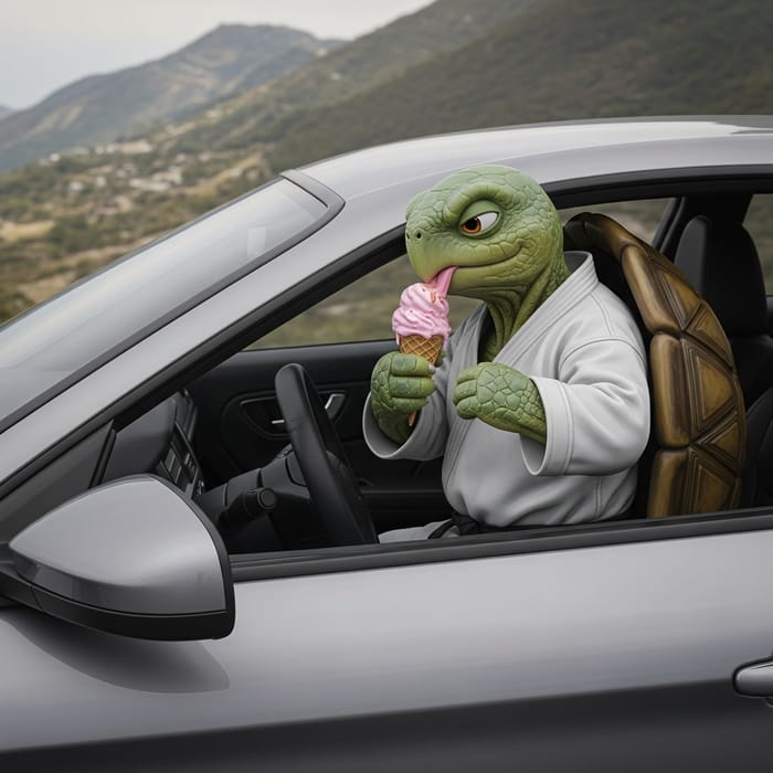 Karate Turtle Eating Ice Cream in Porsche