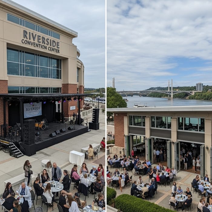 Riverside Outdoor Event Space with Stage | Next to Convention Center Dining Riverside Outdoor Event Space with Stage | Next to Convention Center Dining