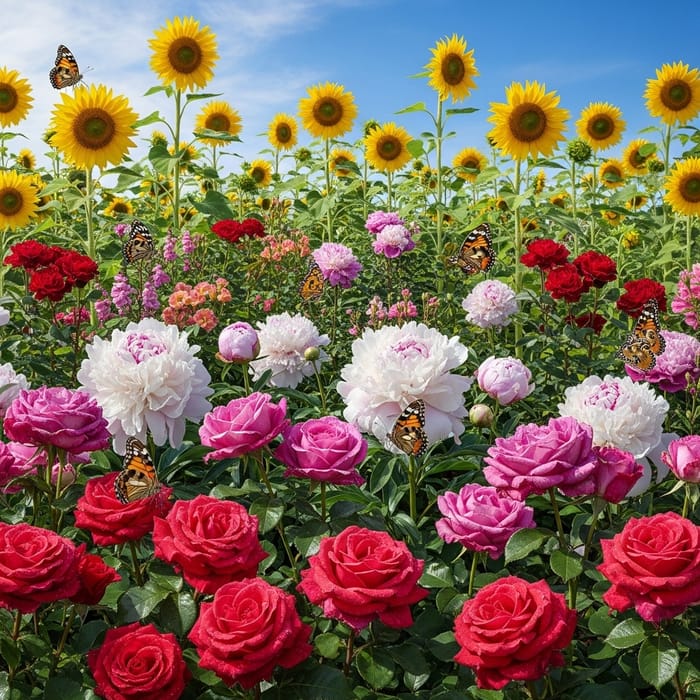 Vibrant Garden Blooms: Roses, Peonies, Sunflowers & Butterflies Vibrant Garden Blooms: Roses, Peonies, Sunflowers & Butterflies