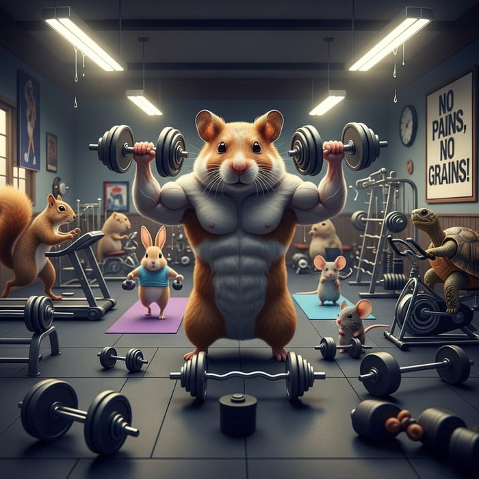 Realistic Rendering of Muscular Hamster Lifting Weights at Gym Realistic Rendering of Muscular Hamster Lifting Weights at Gym
