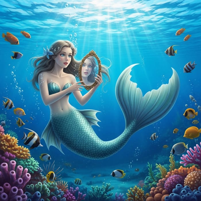 Mermaid Looking at Mirror in Ocean