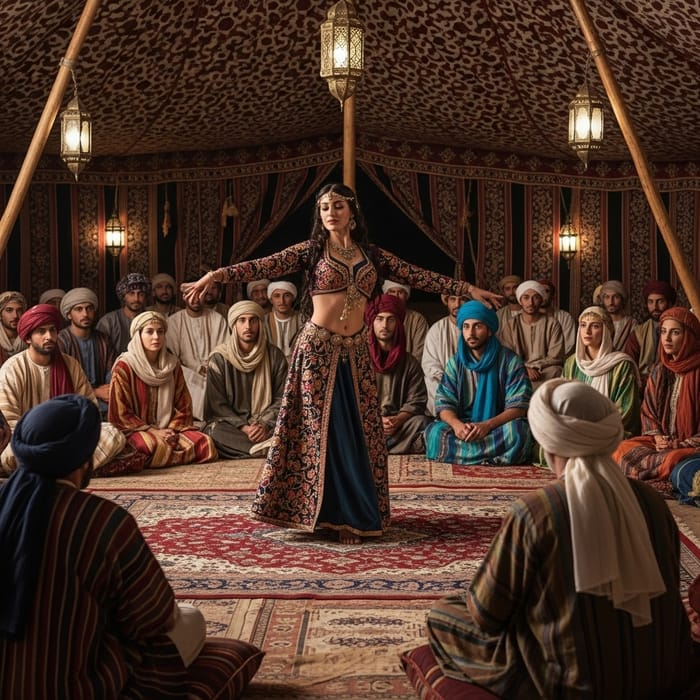 Spellbinding Oriental Dance by Enchanting Woman in Desert Tent Spellbinding Oriental Dance by Enchanting Woman in Desert Tent