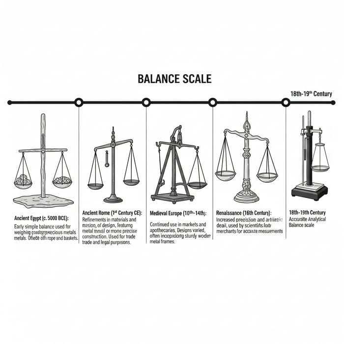Evolution of Balance Scales: Timeline with Simple Illustrations Evolution of Balance Scales: Timeline with Simple Illustrations