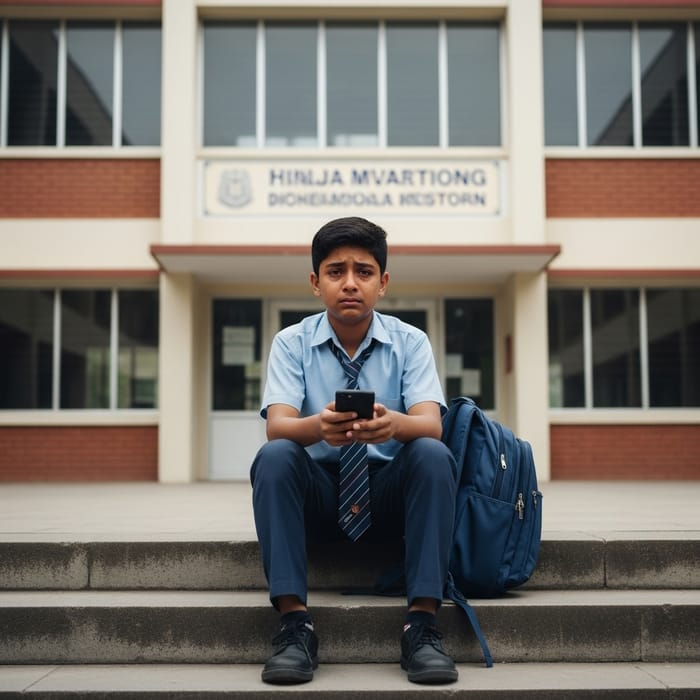 Boy Crying at School Steps | Emotive Scene with Phone