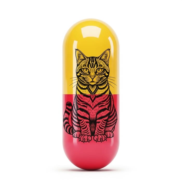 Realistic Colorful Gelatin Capsule with Cat Illustration | Unique Design