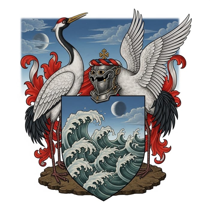 Crane Bird Coat of Arms With Moon Wave Ocean Design