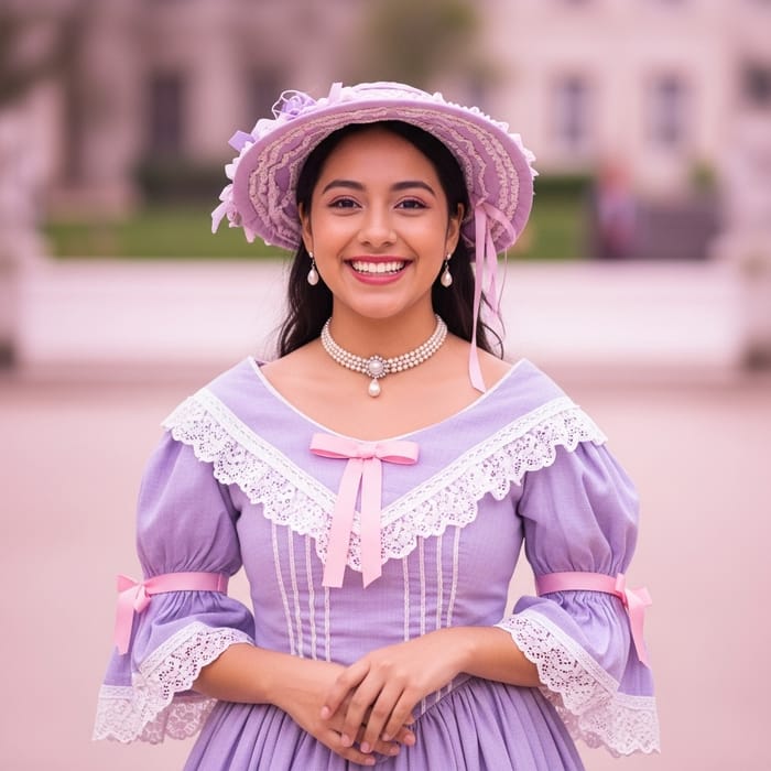 Young Hispanic Woman in Victorian-Style Dress | Soft Pastel Fashion Portrait Young Hispanic Woman in Victorian-Style Dress | Soft Pastel Fashion Portrait