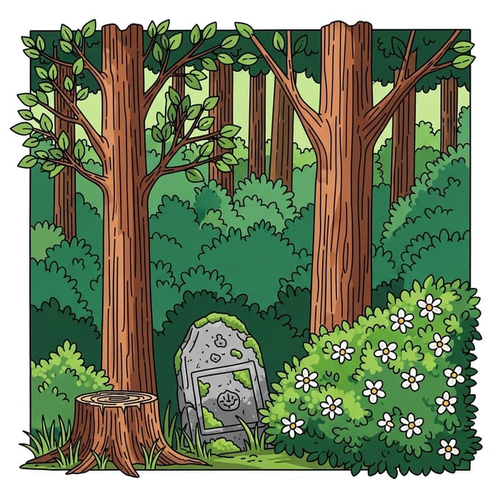 Enchanting Forest Scene with Vibrant Flora and Nostalgic Charm Enchanting Forest Scene with Vibrant Flora and Nostalgic Charm