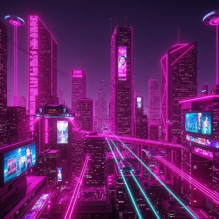 Neon Pink Futuristic City: High-Tech Skyscrapers & Lights