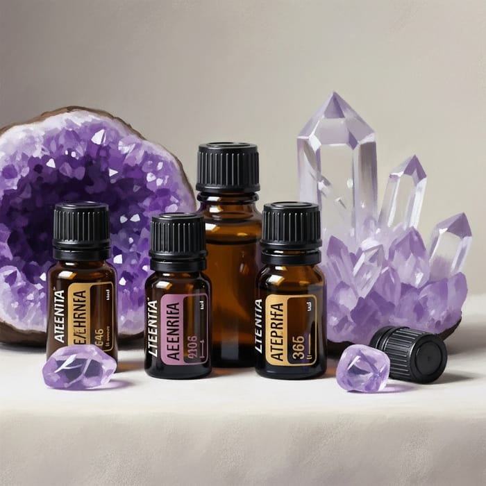 Serene Still Life: Essential Oils & Crystals Artwork Serene Still Life: Essential Oils & Crystals Artwork
