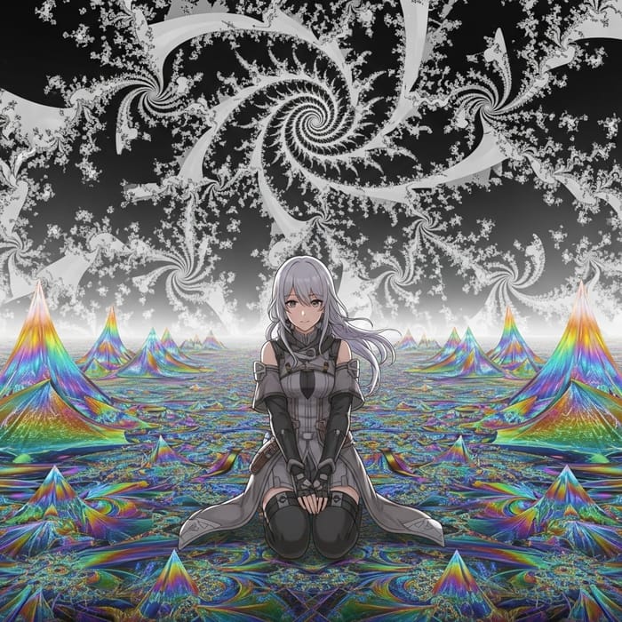 Iridescent Fractals: Anime Character in a Surreal Scene