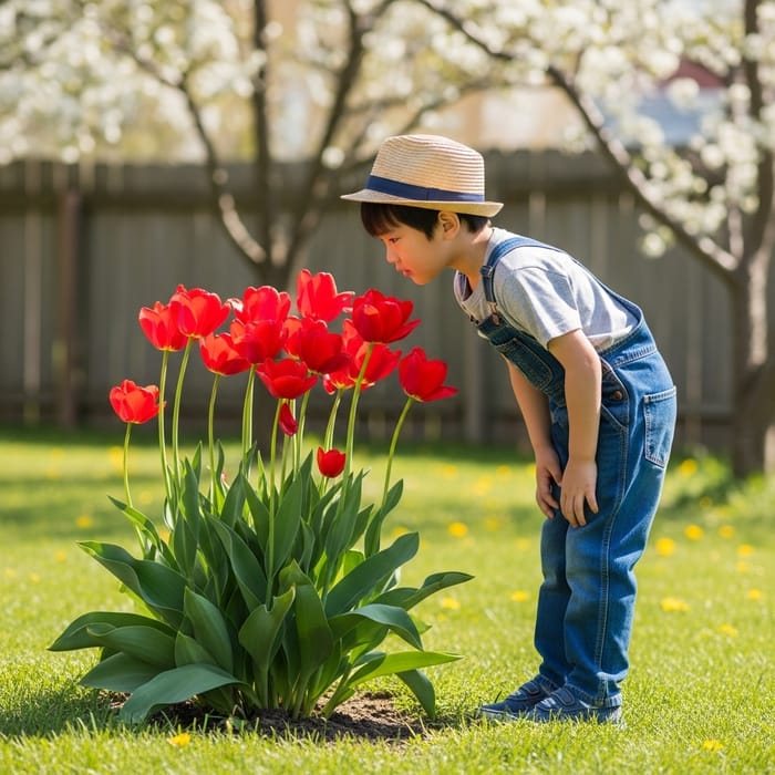 Child Admiring Red Flowers in Garden Child Admiring Red Flowers in Garden