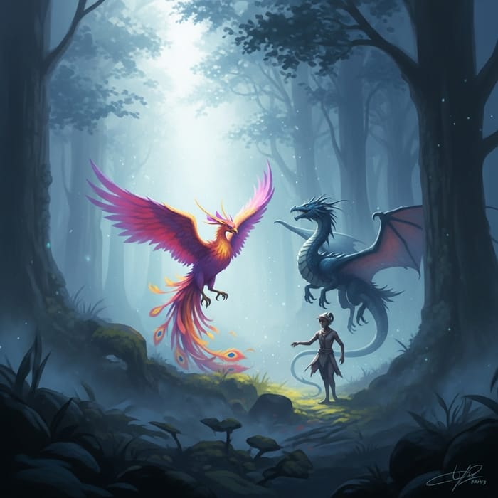 Mystical Creature Emerging from Misty Forest | Fantasy Art
