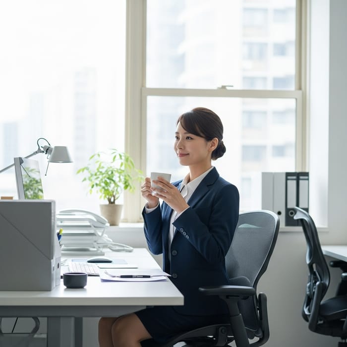 East Asian Woman Enjoying Coffee Break in Modern Office Setting East Asian Woman Enjoying Coffee Break in Modern Office Setting