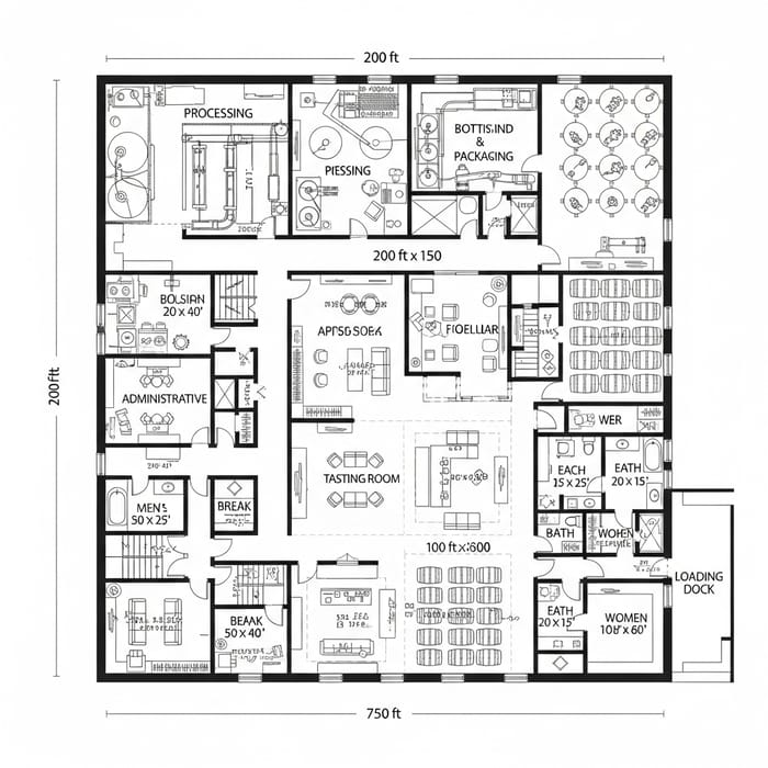 Detailed Black and White Wine Factory Floor Plan