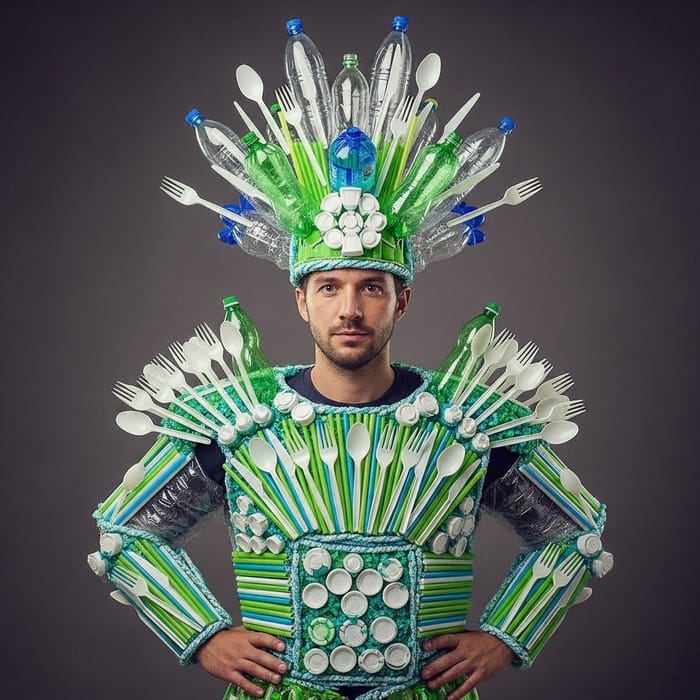 Eco-Friendly Man's Costume from Recycled Plastic & Cutlery