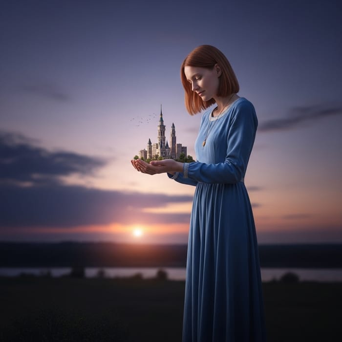 Enchanting Giantess Woman Enjoys Tranquil Evening with Minature City