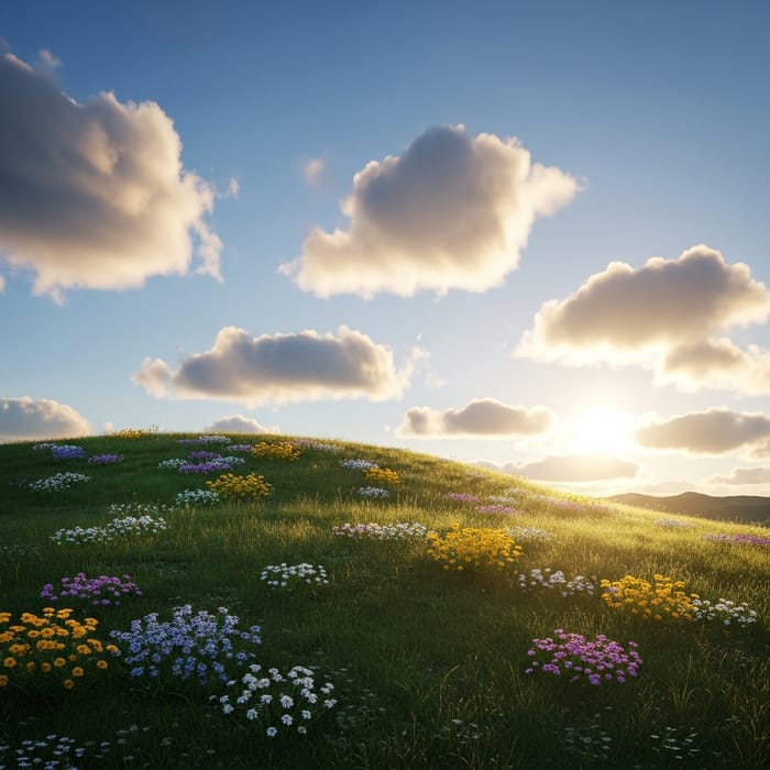 Lush Hill with Blossoming Pastures and Sunrise Sky