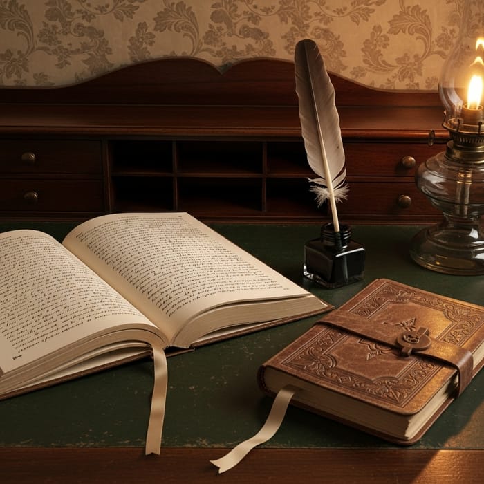 Vintage Book and Journal on Antique Wooden Desk