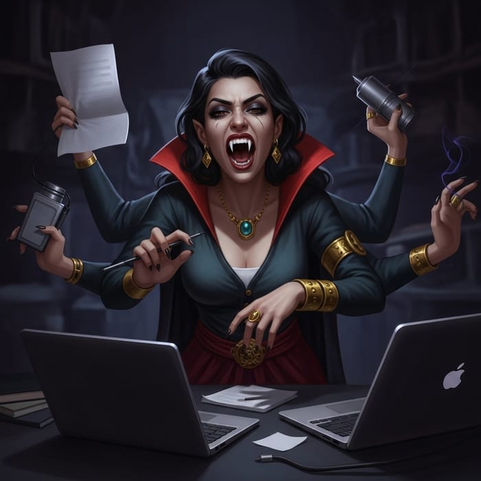 Busy Vampire Woman with Dark Hair and Fangs Busy Vampire Woman with Dark Hair and Fangs