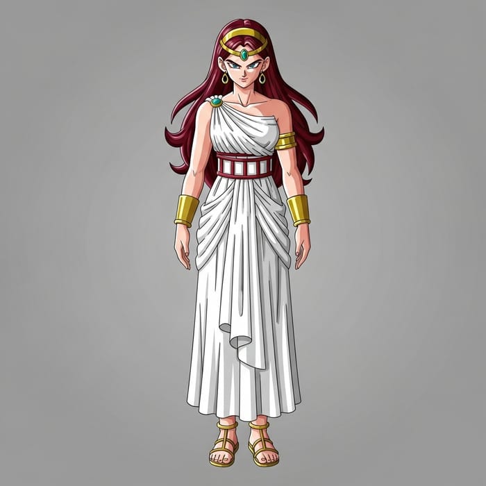 Saiyan Queen with Long Dark Red Hair, Diadem, and Greek-style Dress Saiyan Queen with Long Dark Red Hair, Diadem, and Greek-style Dress