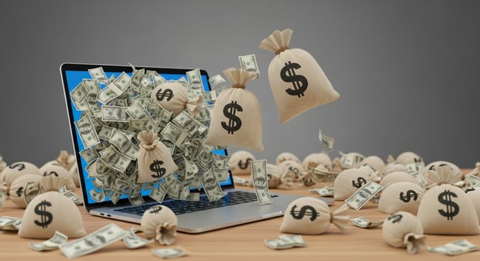 Money Bags Flying Out of Laptop Screen - 3D Visual Extravaganza Money Bags Flying Out of Laptop Screen - 3D Visual Extravaganza