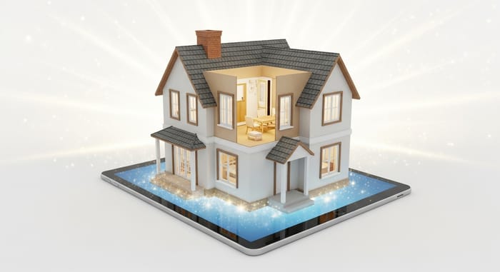 3D House Emerging from Tablet on Radiant White Background 3D House Emerging from Tablet on Radiant White Background