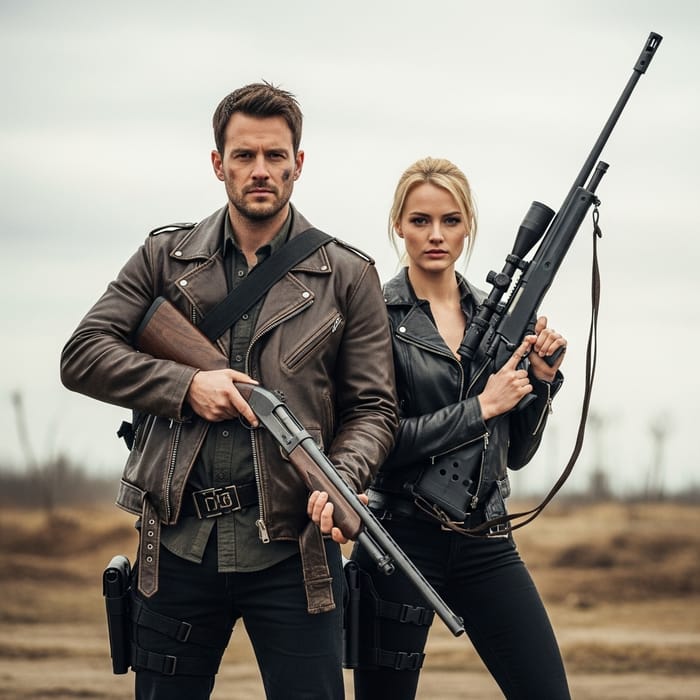 Post-Apocalyptic Resilience: Rugged Man & Blonde Sniper Woman