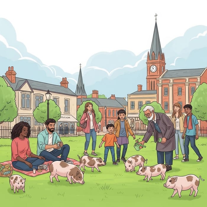 Charming Rural Town with Mini Pigs and People