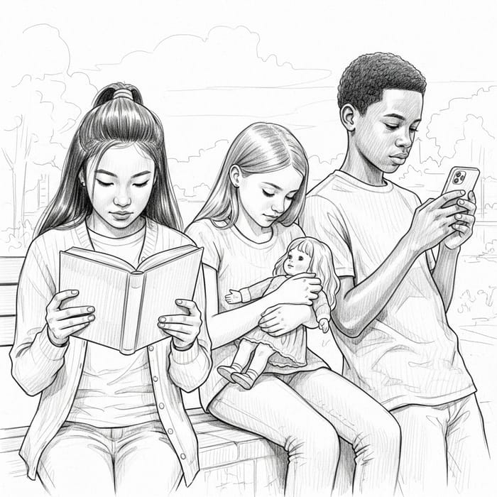 Pencil Sketch of Diverse Teenagers Engaged in Activities Pencil Sketch of Diverse Teenagers Engaged in Activities