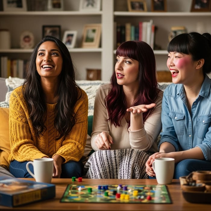 Three Friends Sharing Laughter and Stories at Home