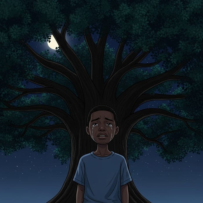 Emotional Black Boy Standing Under Grand Night Tree Emotional Black Boy Standing Under Grand Night Tree