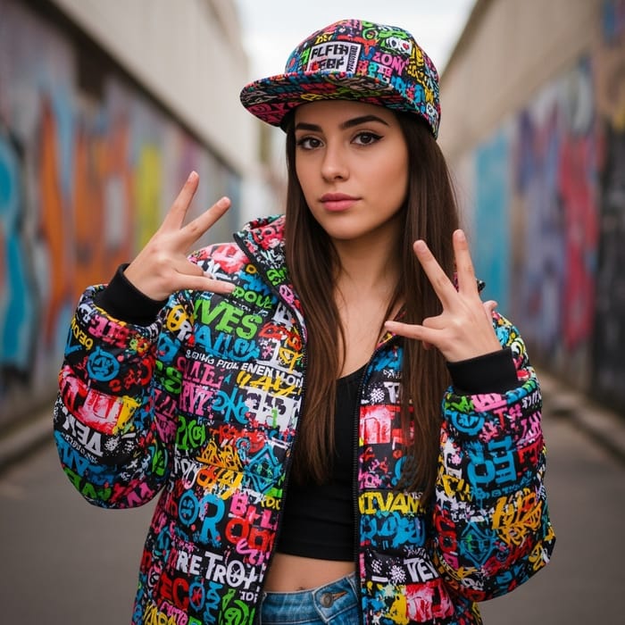 Hispanic Woman in Urban Streetwear: Graffiti Art Vibes Hispanic Woman in Urban Streetwear: Graffiti Art Vibes