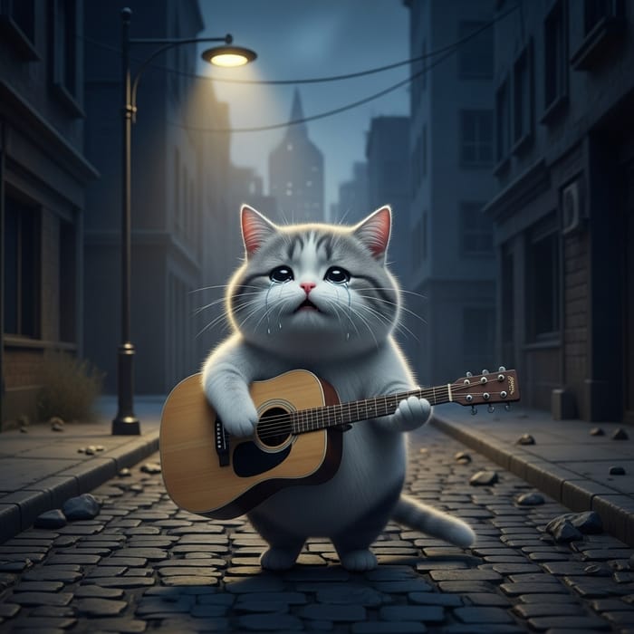 Crying Cat Playing Guitar in Urban Landscape Crying Cat Playing Guitar in Urban Landscape