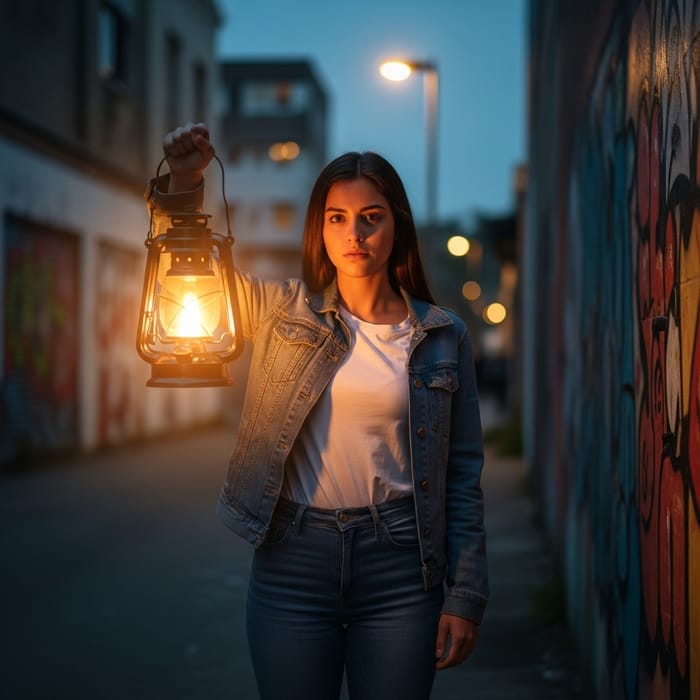 Resilient Hispanic Woman Illuminating Urban Darkness Resilient Hispanic Woman Illuminating Urban Darkness