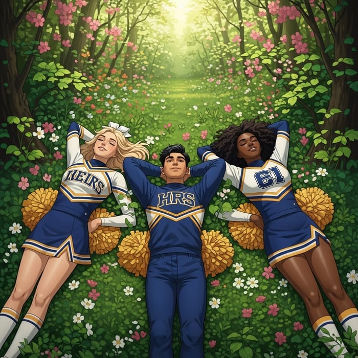 Cheerleaders Sunbathing in Spring Forest - Cheerful Unity Cheerleaders Sunbathing in Spring Forest - Cheerful Unity